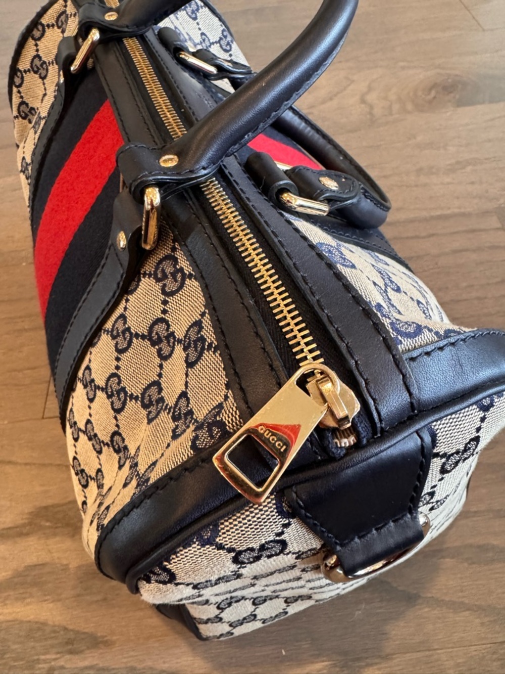 Gucci Beige GG Canvas Boston Bag with Navy and Red Stripe - Picture 5 of 11